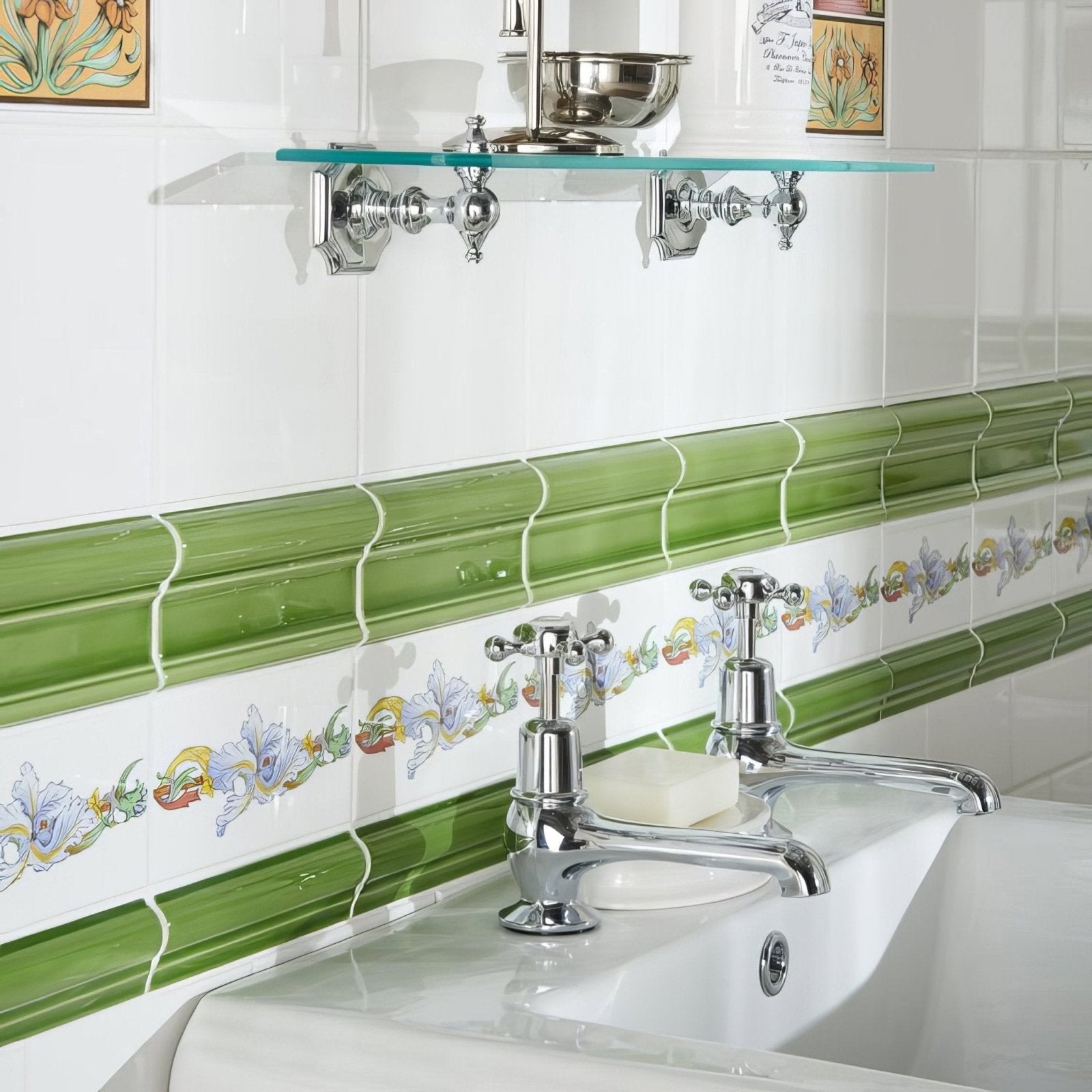 Chrome-finished cross-handle bathroom faucets with polished metallic finish and classic design on brilliant white base