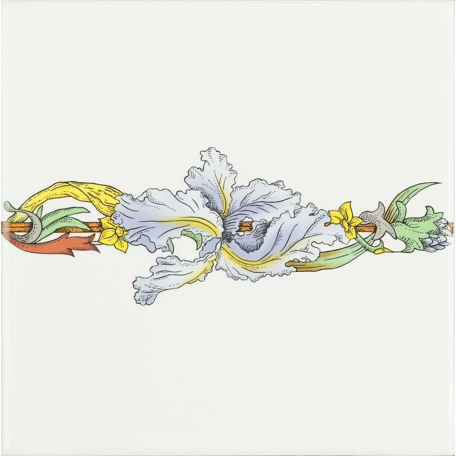A delicate hand-painted floral border featuring a central white iris with yellow accents on brilliant white porcelain