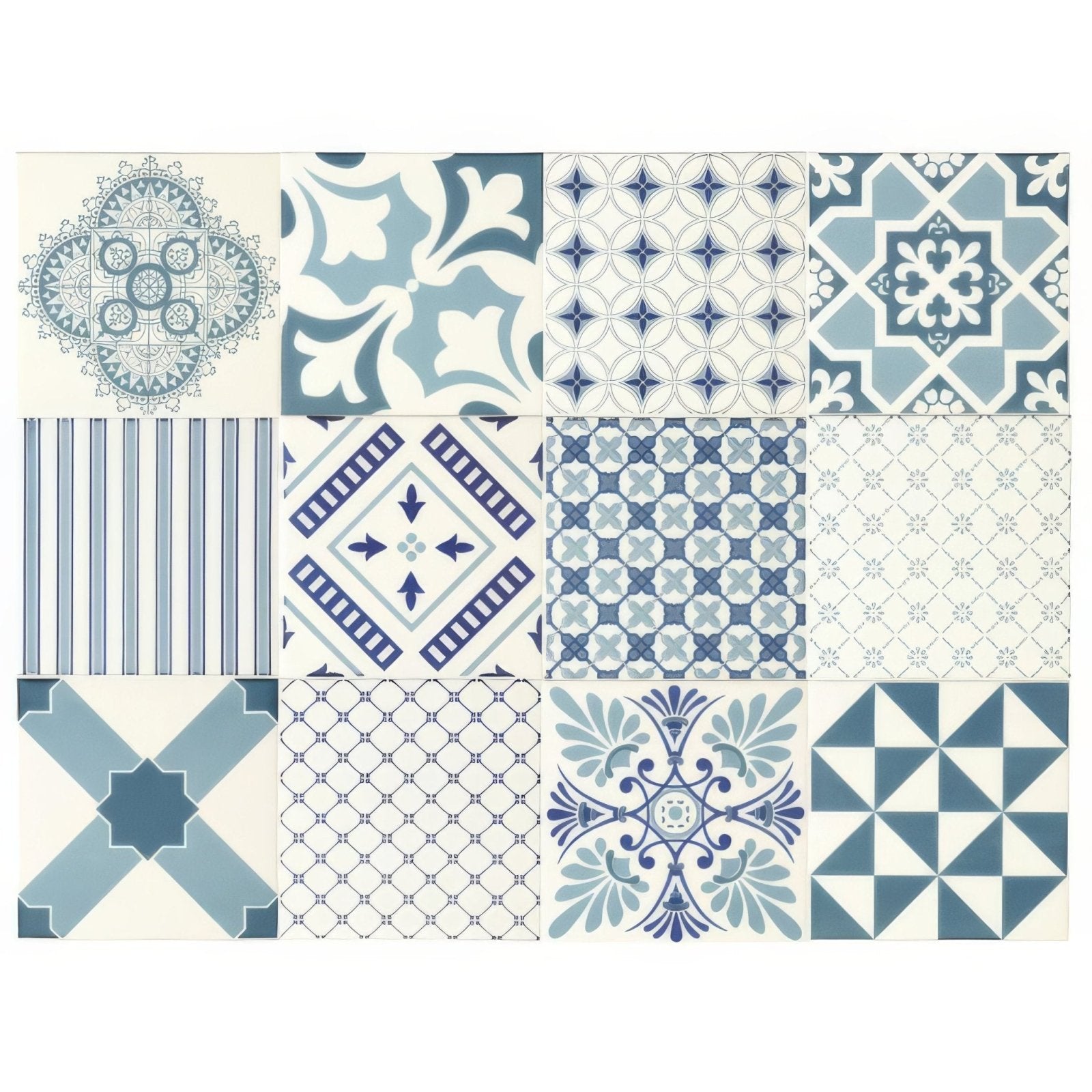 Set of nine blue and white decorative ceramic tiles with intricate geometric and floral patterns from blue tapestry set-12