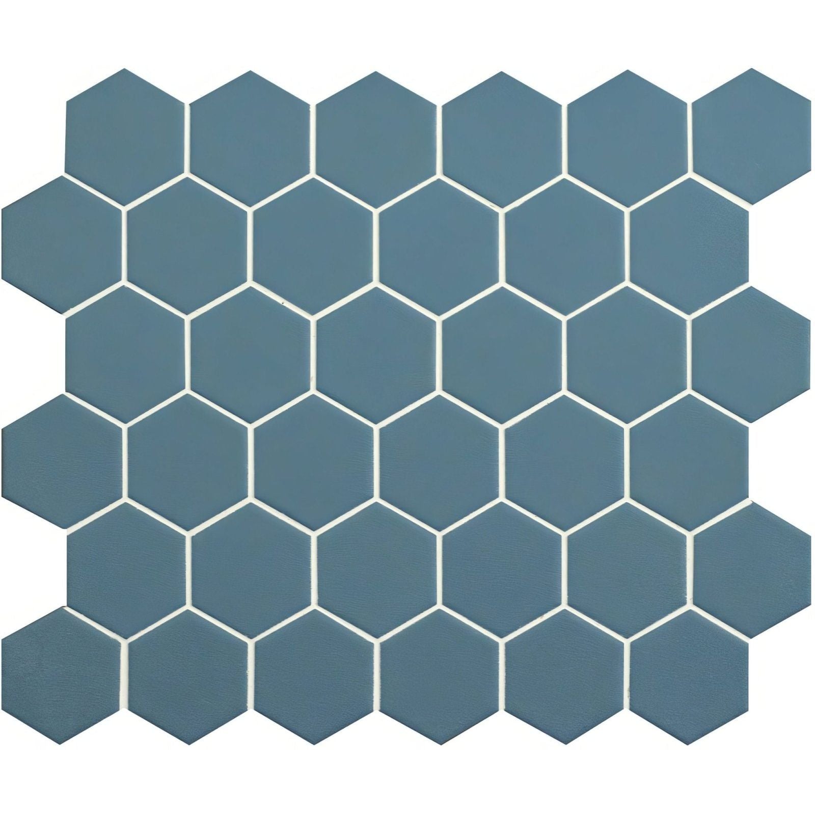 Blue grey hexagon slip resistant mosaic tile with blue hexagonal pattern and white grout lines for flooring use
