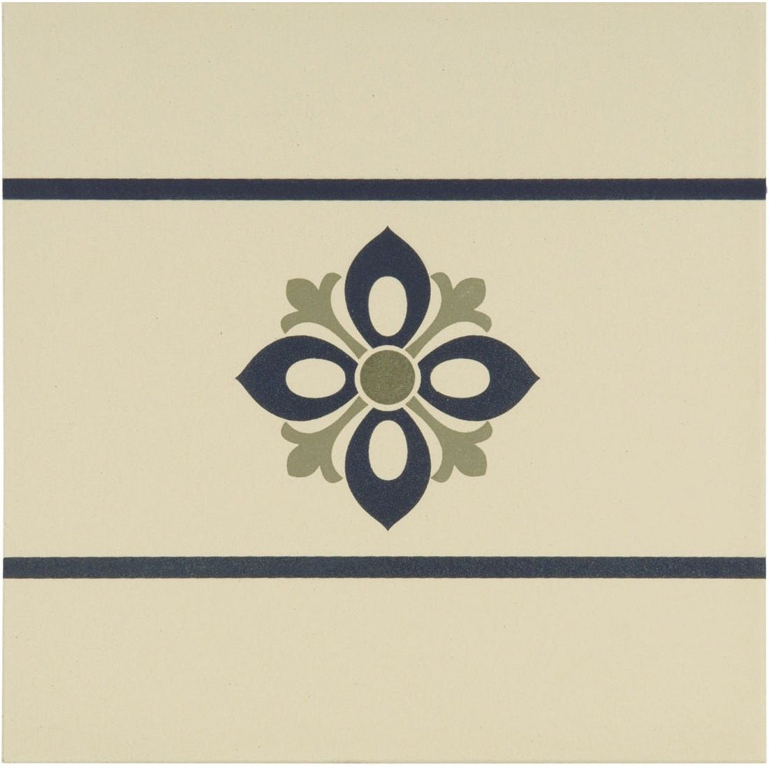 Cream-colored ceramic tile bohemia border dublin khaki and dark blue with navy and olive floral motif and stripes