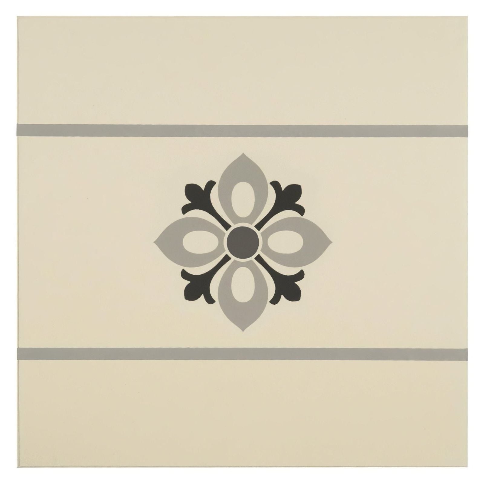 Beige ceramic tile bohemia border with central gray and black floral motif and two horizontal gray stripes on white