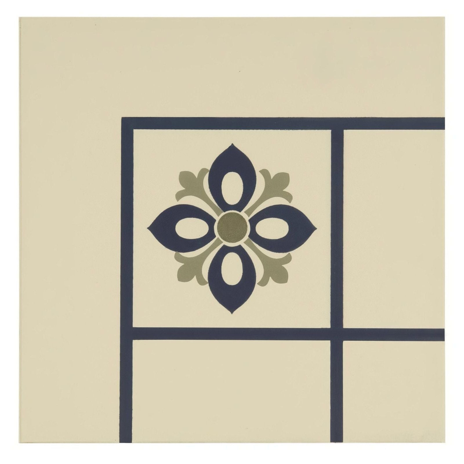 Beige tile with navy blue and olive green quatrefoil floral design framed by dark navy lines bohemia corner dublin