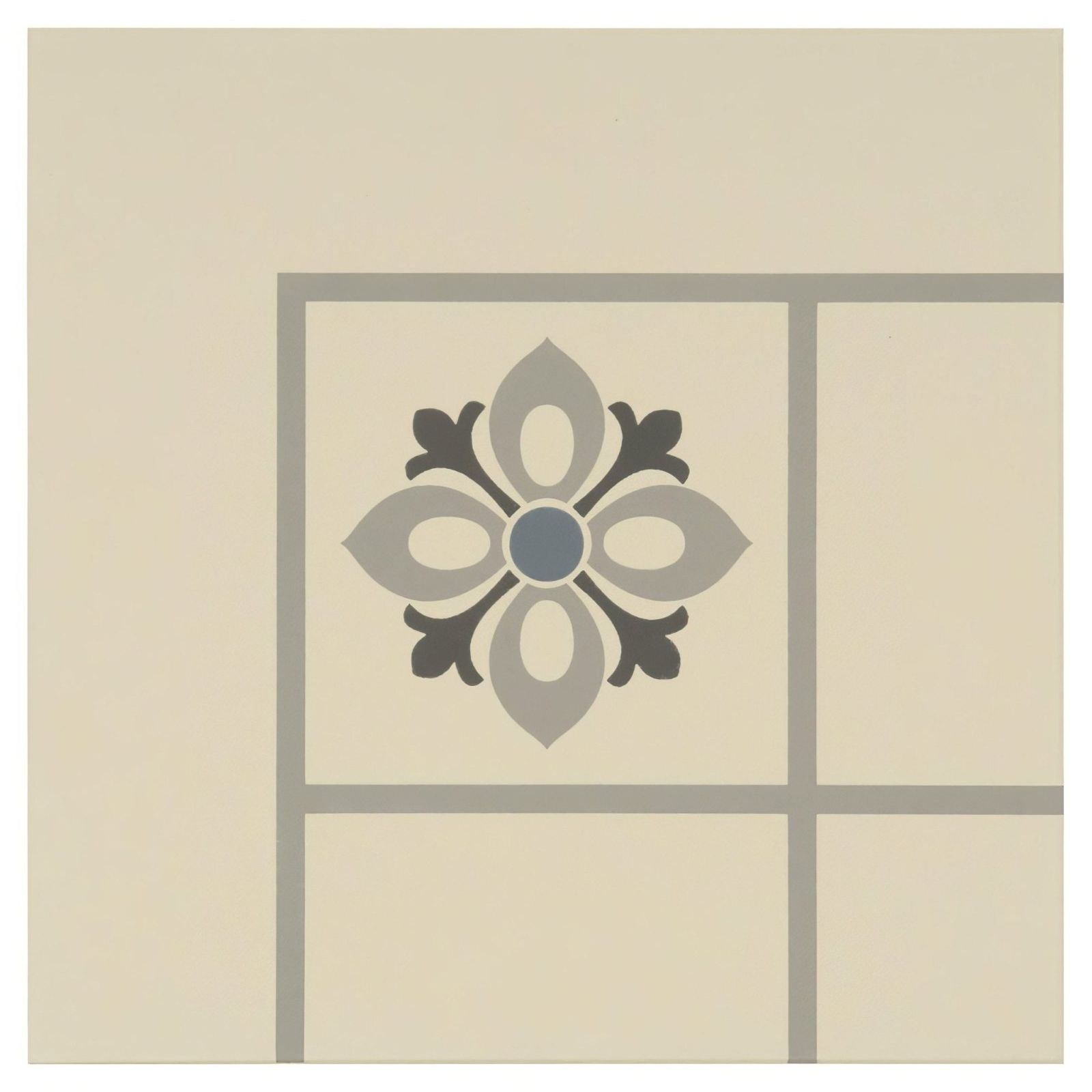Beige ceramic tile with gray and dark charcoal floral design from bohemia corner light blue light grey and dark grey on white