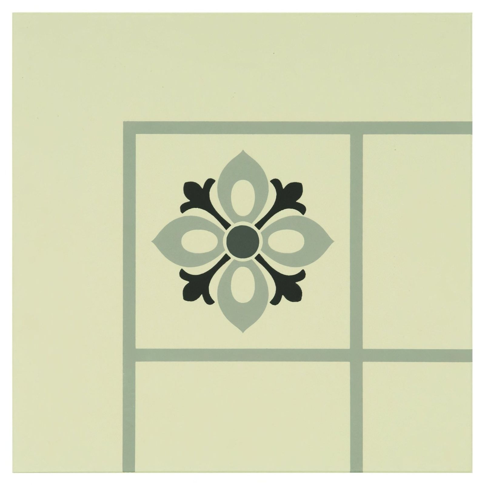 Bohemia corner decorative tile with symmetrical floral design in light grey dark grey black and off-white background