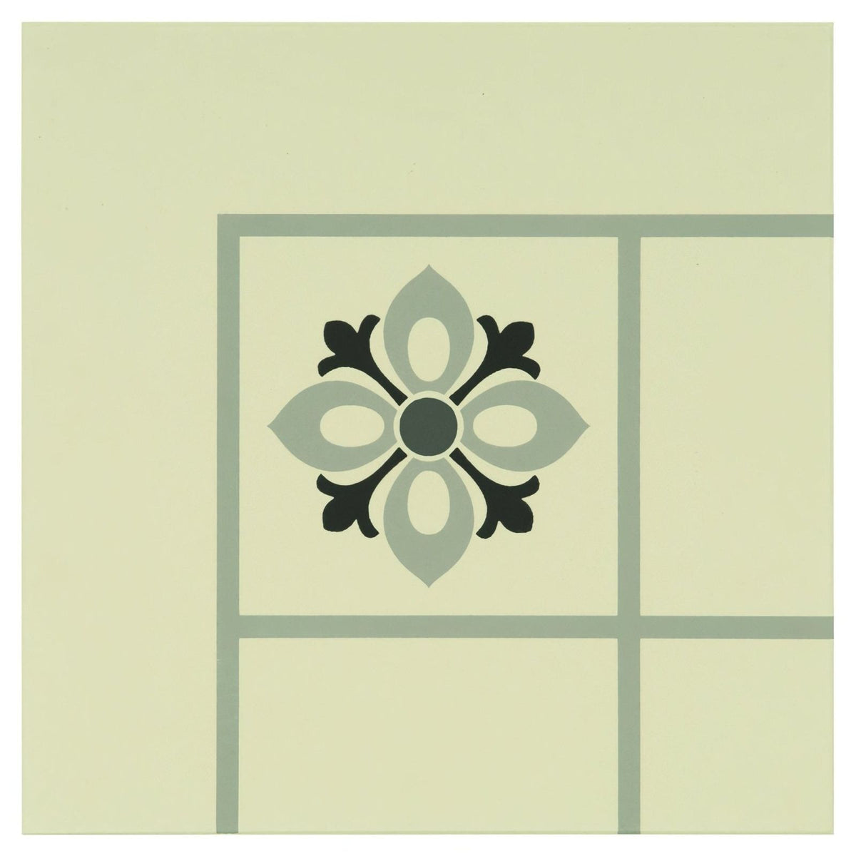 Bohemia corner decorative tile with symmetrical floral design in light grey dark grey black and off-white background