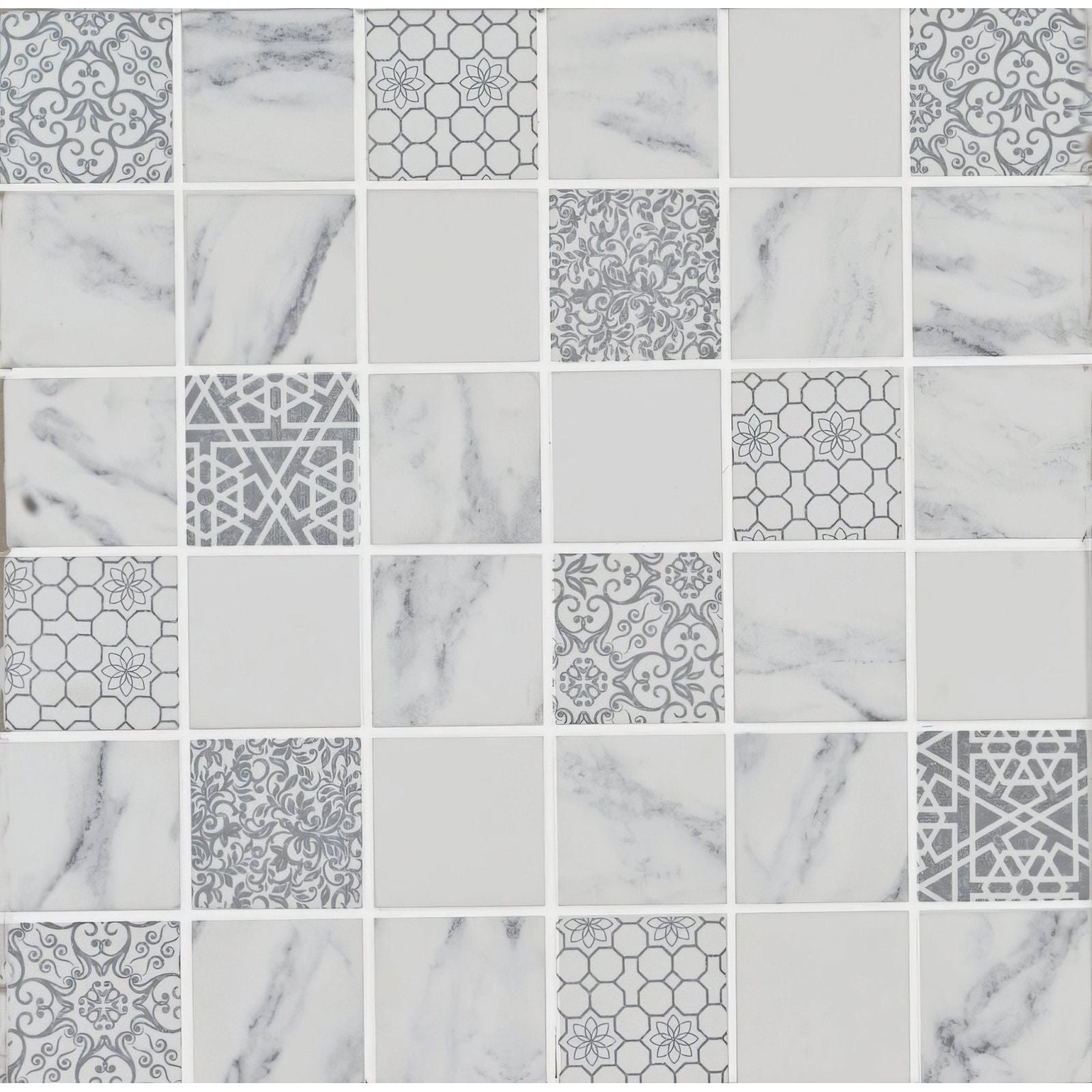 Bohemia recycled glass mosaic featuring gray and white marble patterns floral and geometric tile designs
