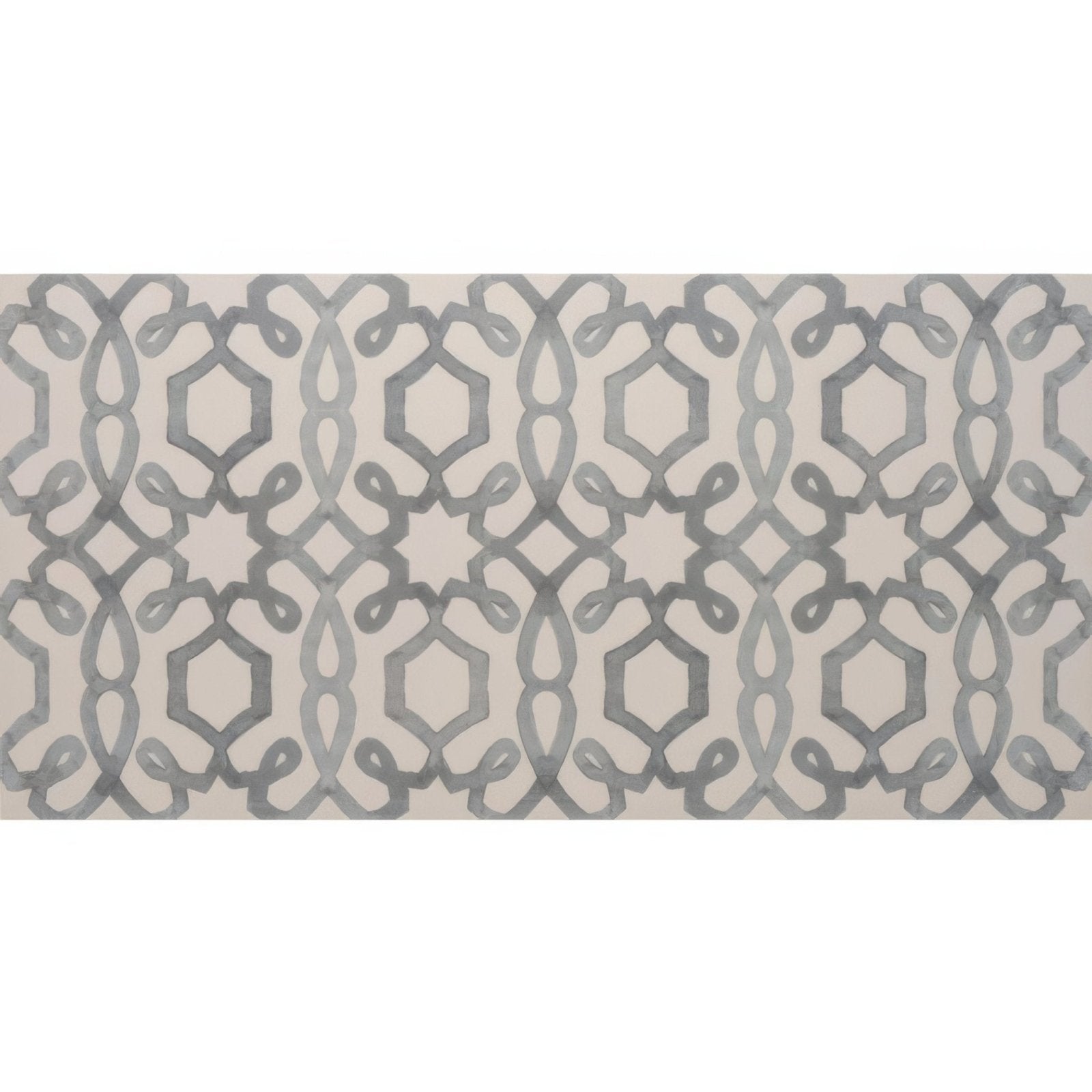 Bohemia Rosalie 60x30cm gray geometric patterned rug with interlocking hexagonal and oval motifs on beige background