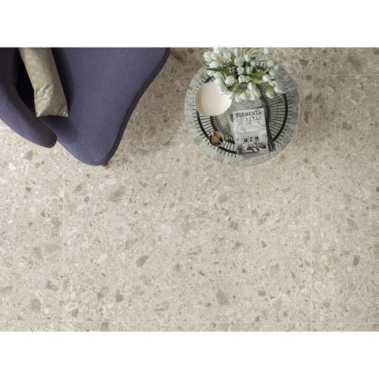 Beige terrazzo floor tiles boost mix ivory 60 x 60cm with speckled natural stone texture