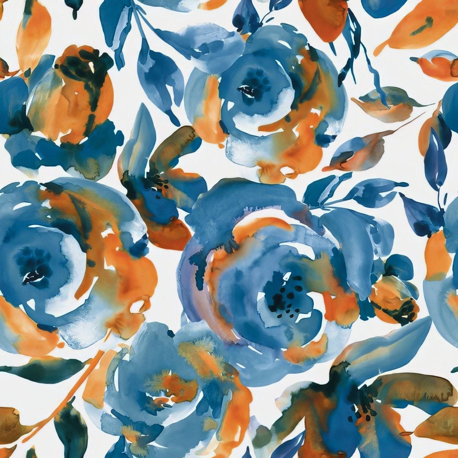 Botanicals heavenly blue watercolor floral pattern with bold blue and orange blossoms on a light background