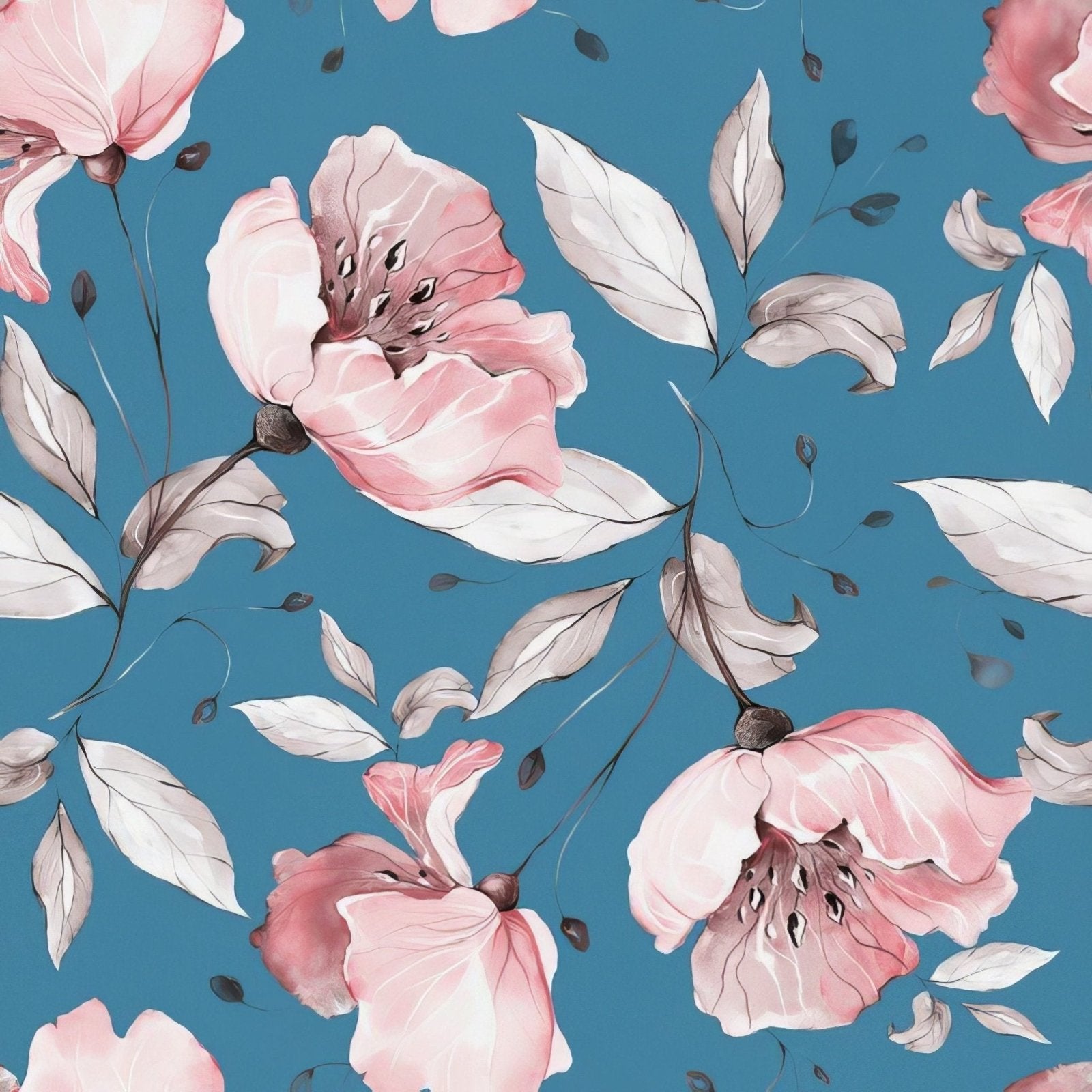 Botanicals pink poppy features pink and white watercolor-style flowers with delicate petals and grayish leaves on blue background
