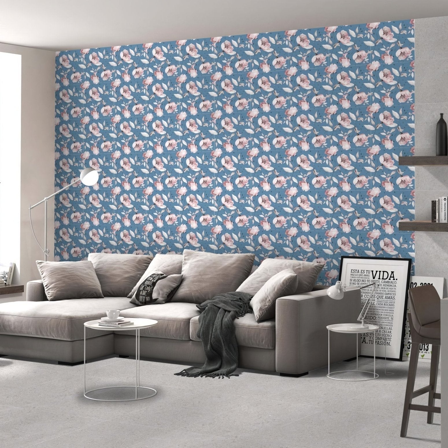 Blue floral wallpaper with pink and white blossoms featuring botanical pink poppy design for home decor