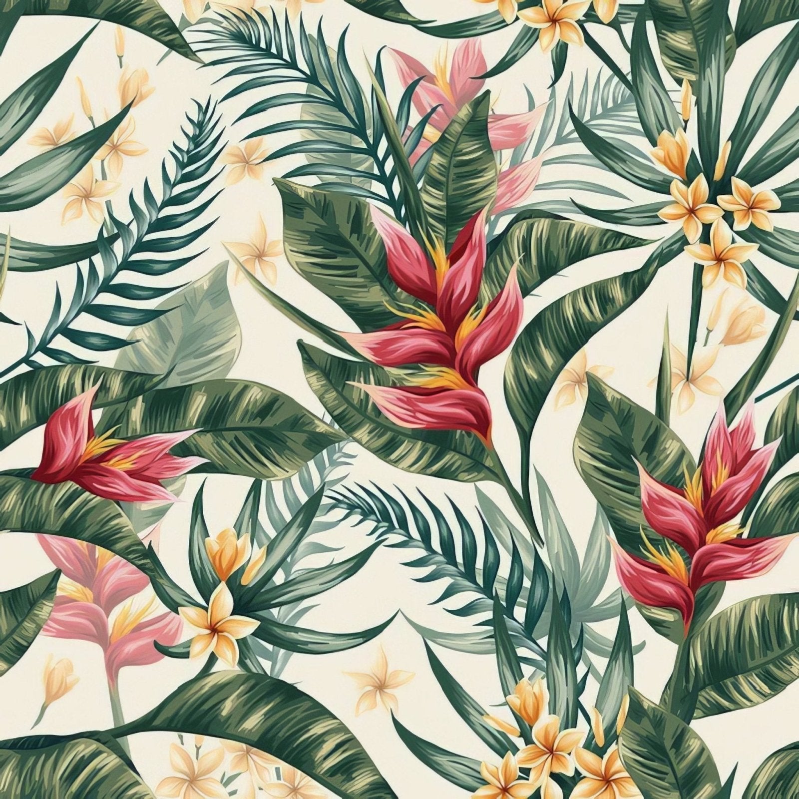 Botanicals tropical floral wallpaper with vibrant pink and yellow flowers and green leaves on a cream background
