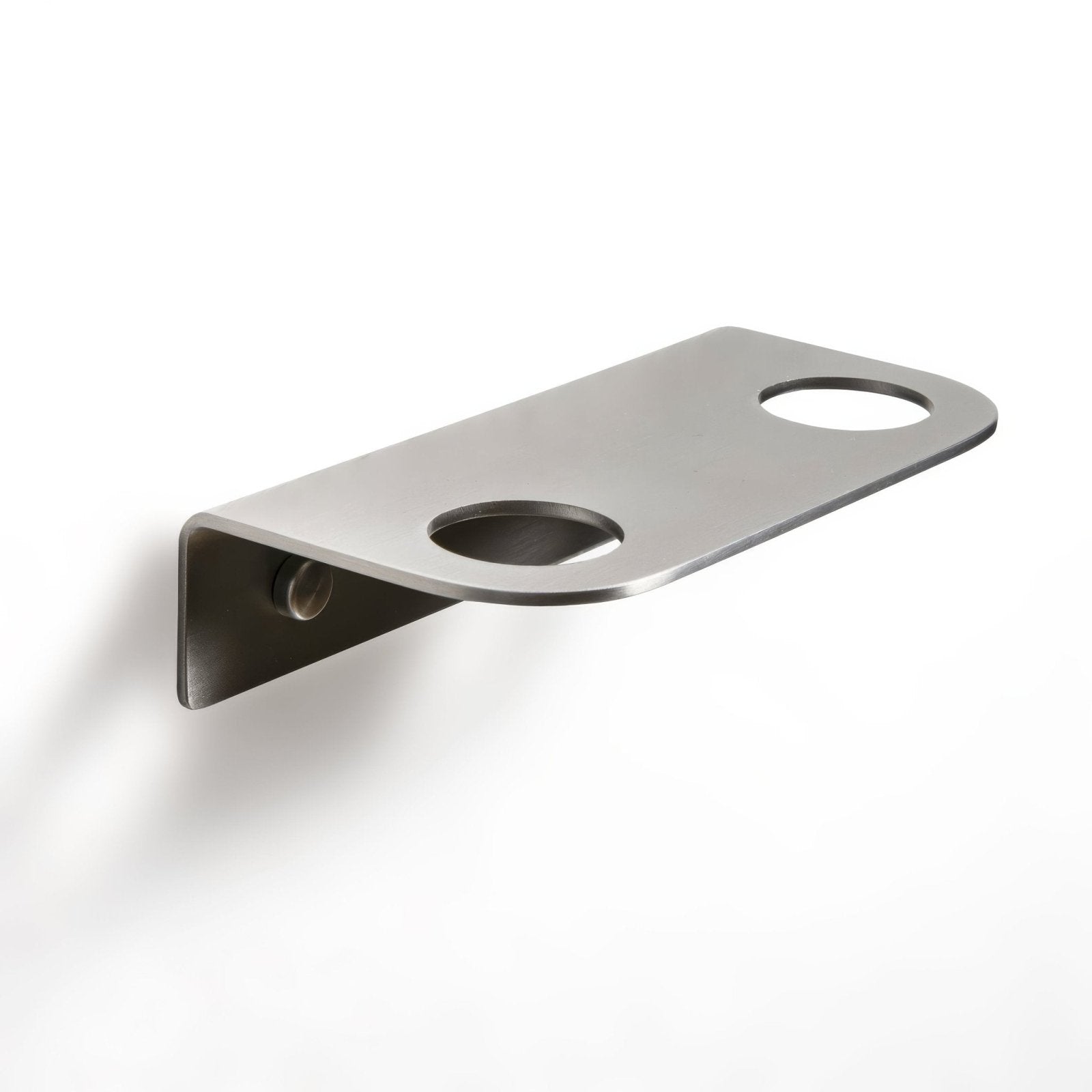 Modern brushed stainless steel wall-mounted double cup holder with sleek minimalist design for bottle storage