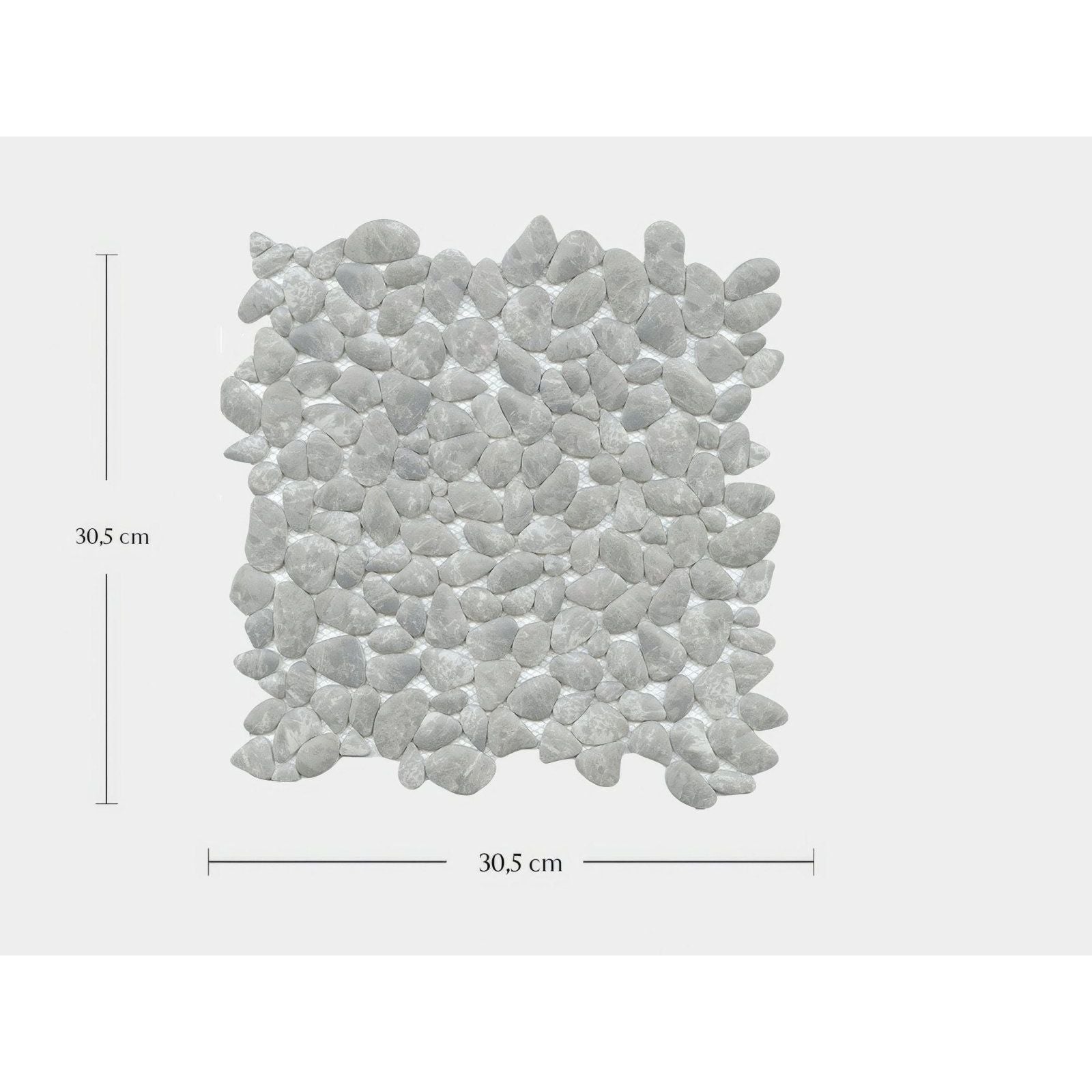 Boulder Grey Mosaic 30.5 cm square tile with natural irregular pebble design in light gray and white with translucency