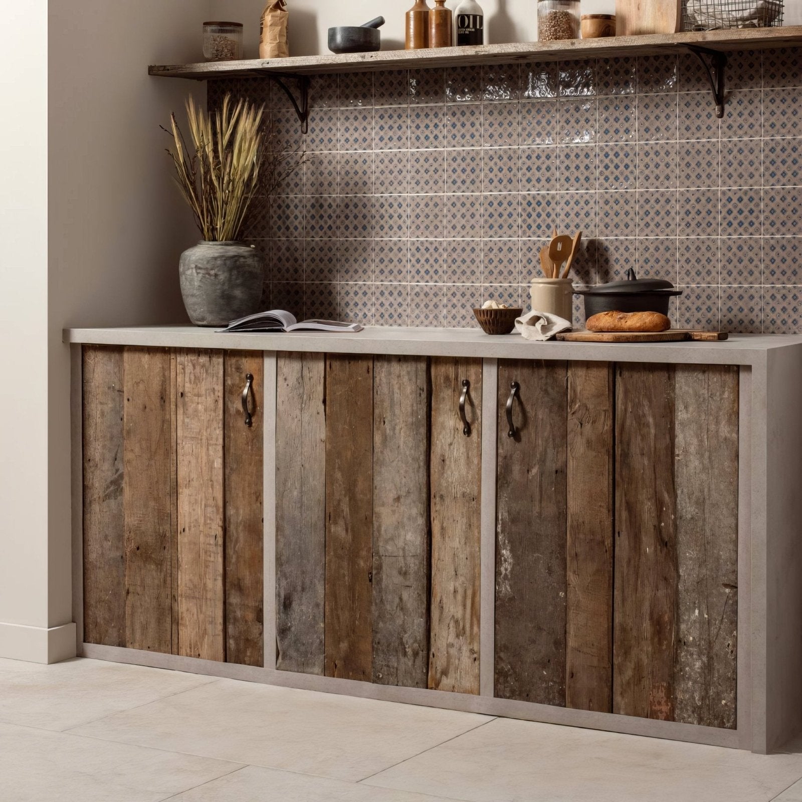 Rustic wooden cabinet bourron on truffle with weathered planks and dark metal handles for stylish storage
