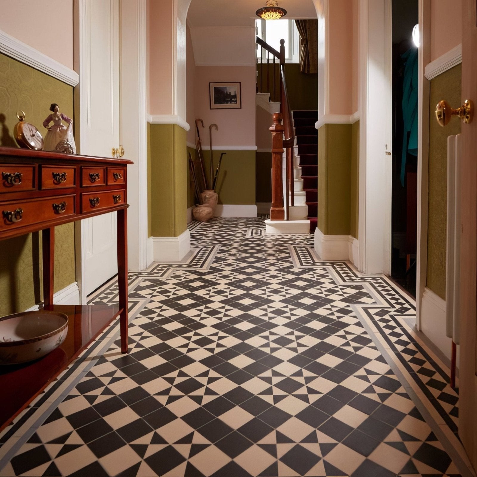 Braemar black and white geometric patterned tile floor featuring bold monochrome design for stylish indoor spaces