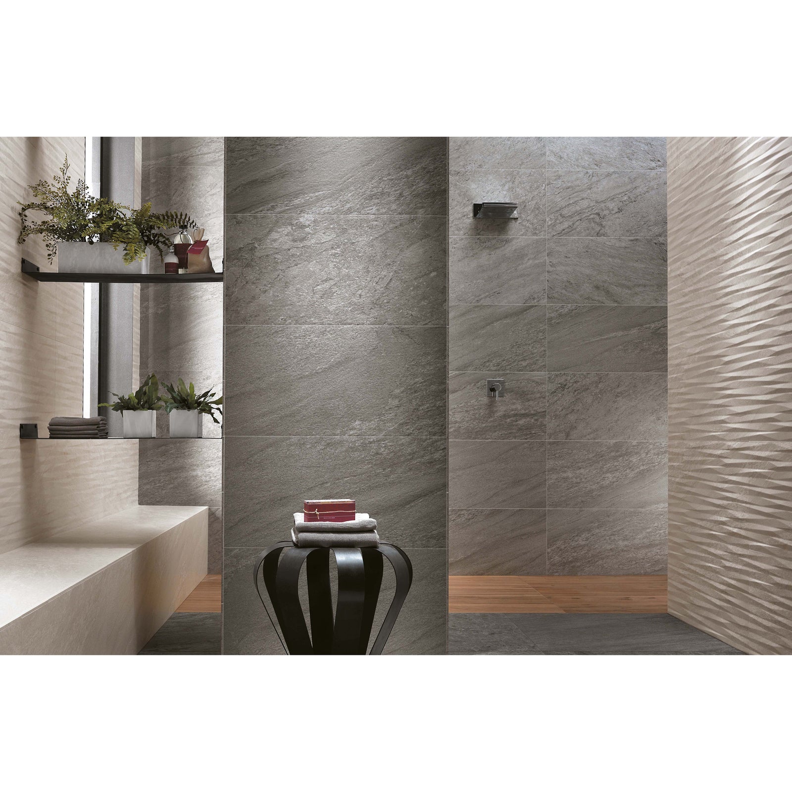 Bravestone Grey 30 x 60cm Porcelain Wall & Floor Tile in a bathroom setting