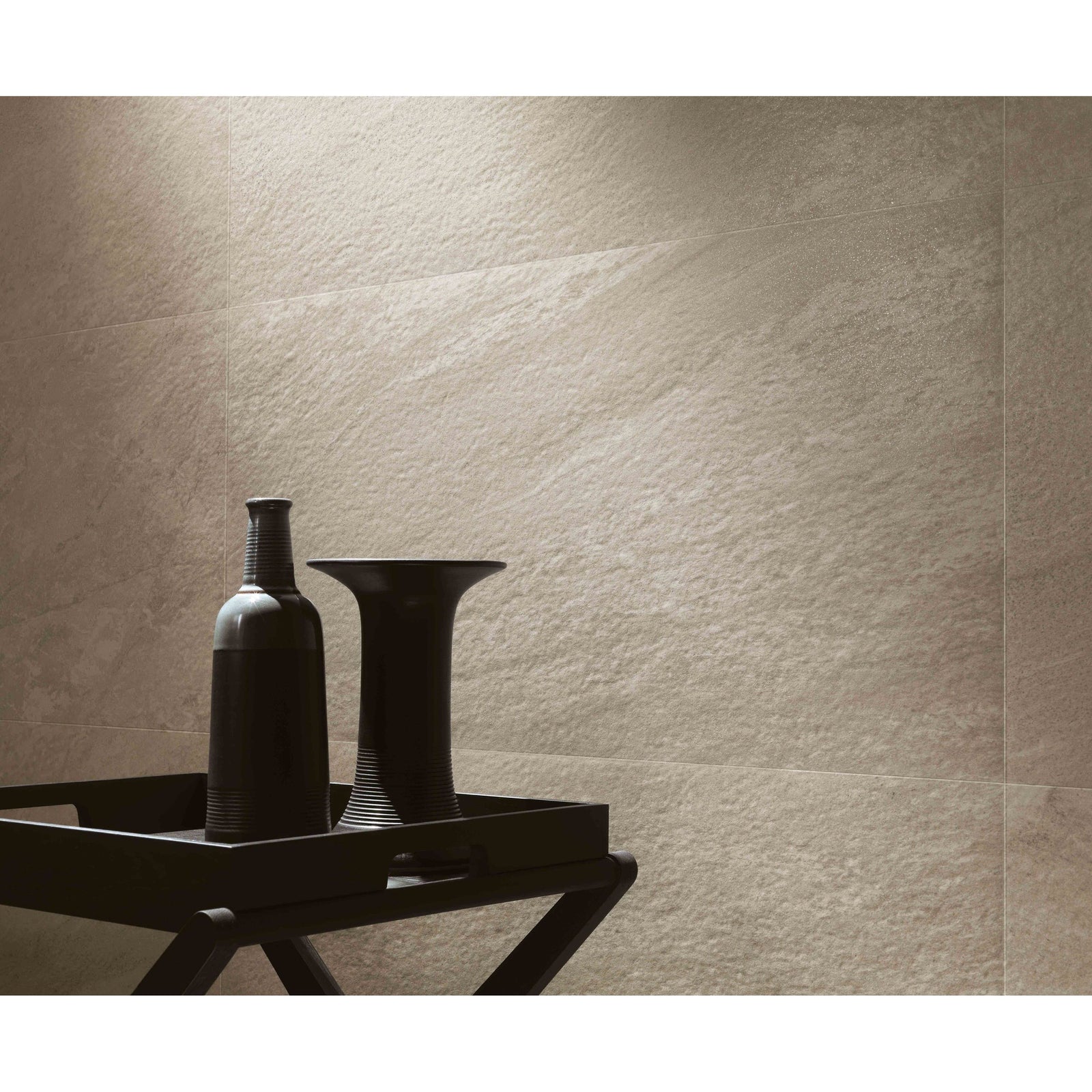 Beige textured wall tiles with subtle stone like finish in Bravestone gypsum 60 x 60cm perfect for stylish interiors