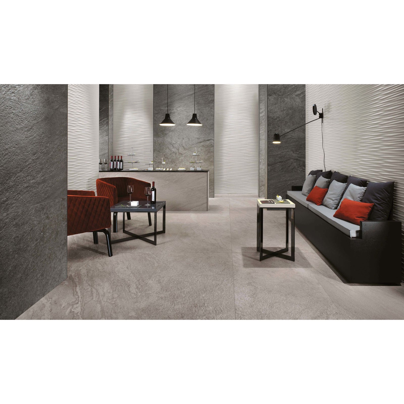 Bravestone pearl 60 x 60cm modern gray textured wall tiles with vertical ridged patterns for stylish interiors