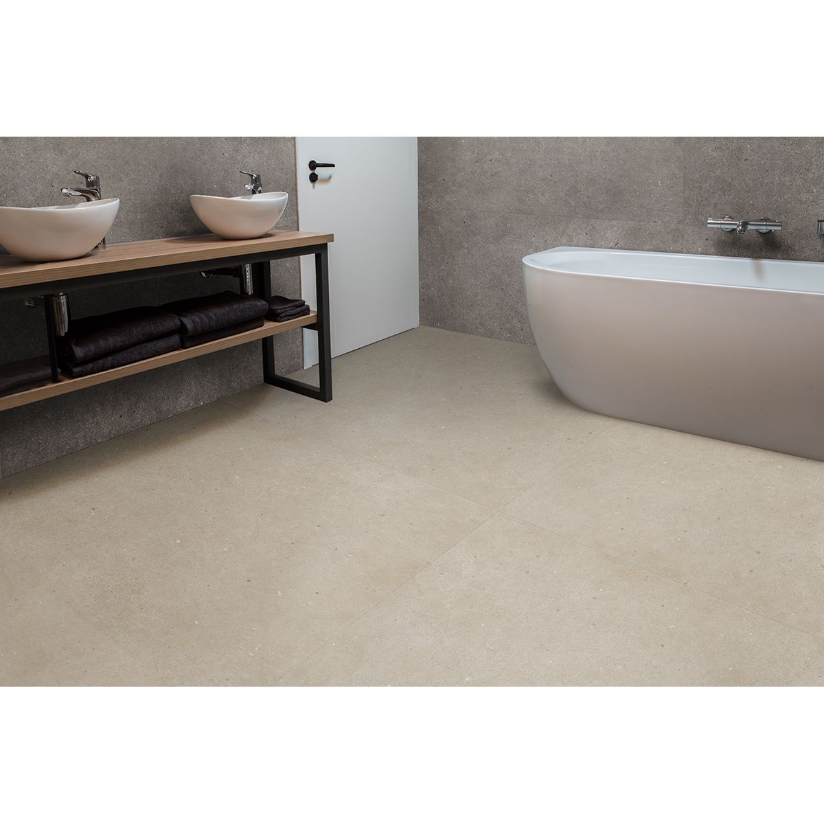 Beige concrete-effect bathroom floor tiles brera bloom 60 x 60cm with matte finish and subtle speckled texture