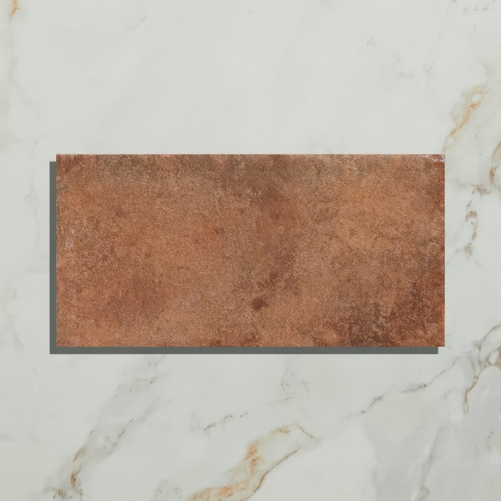 Rectangular copper-toned brewhouse porcelain brick tile with textured rustic ceramic finish for wall use