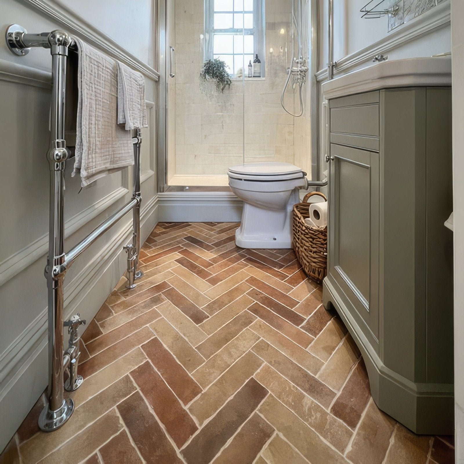 The brewhouse porcelain parquet bathroom floor features a herringbone-patterned terracotta tile design