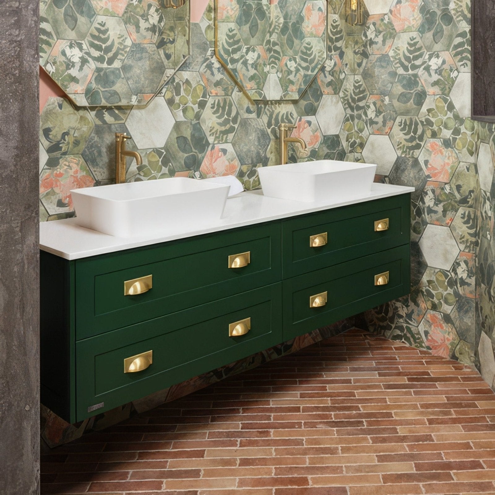 Dark green floating vanity with gold-tone hardware and white rectangular porcelain sinks brewhouse porcelain parquet