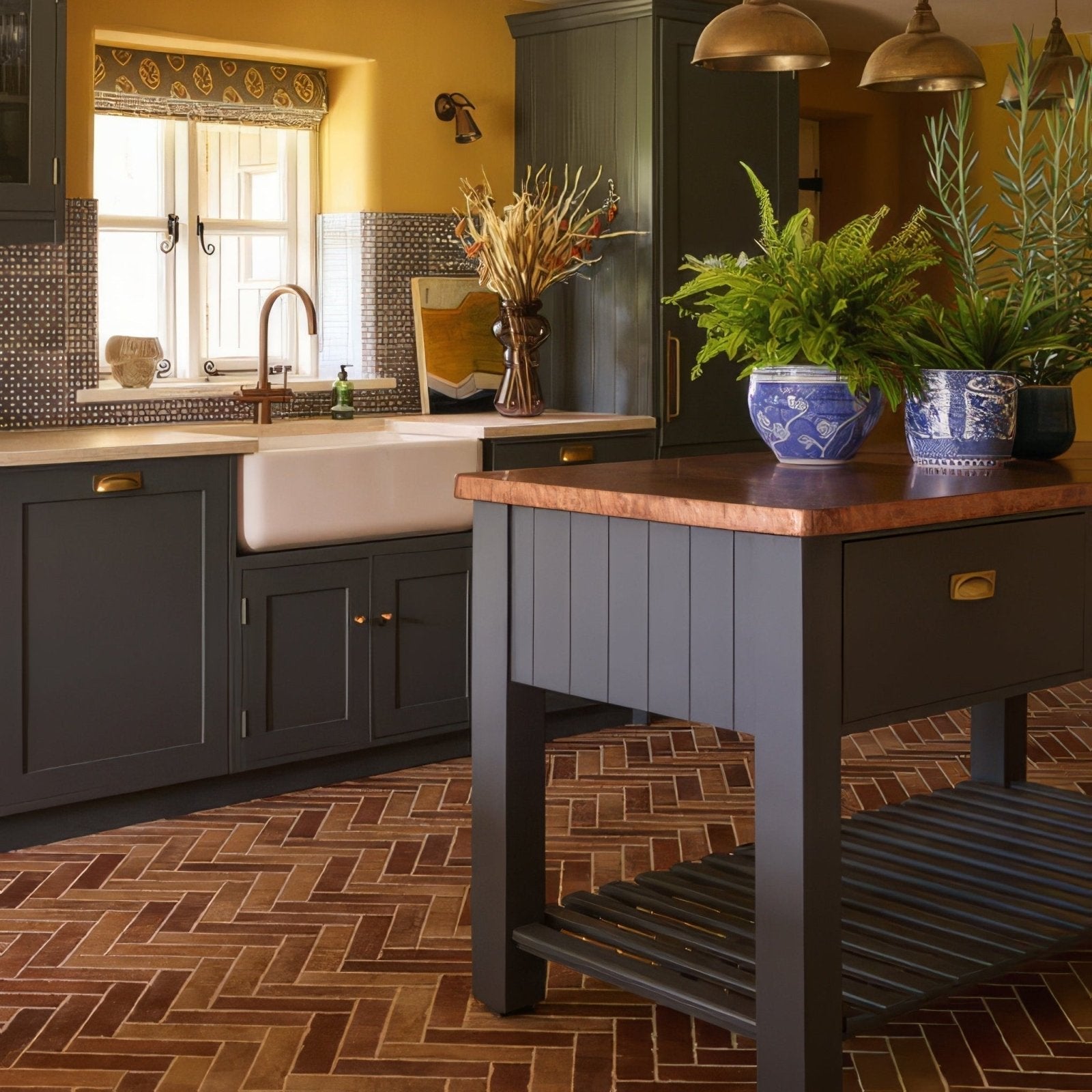 Dark gray wooden kitchen island with copper countertop and blue and white ceramic planters brewhouse porcelain parquet