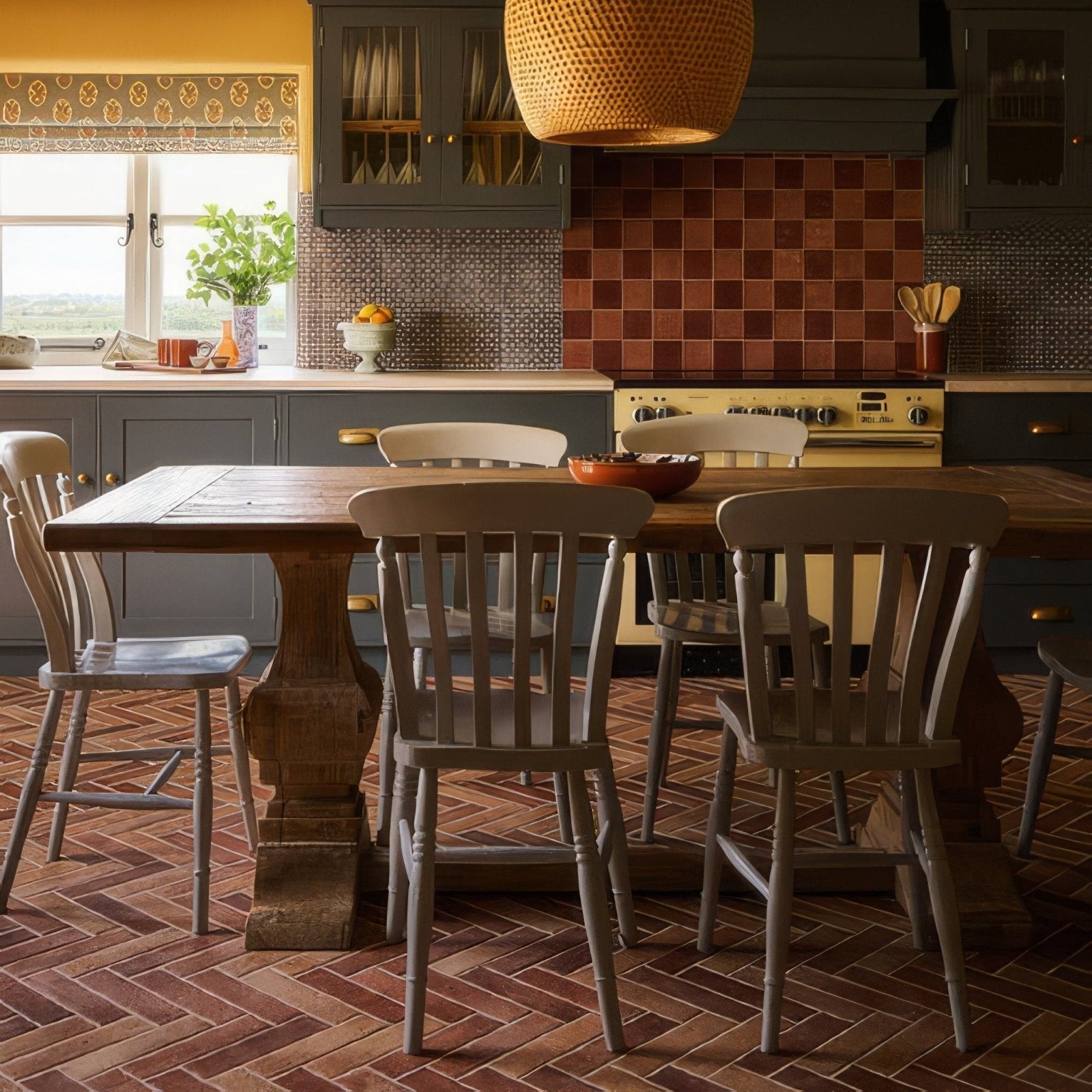 Rustic wooden dining table brewhouse porcelain parquet with thick dark-stained pedestal base and smooth light-toned top