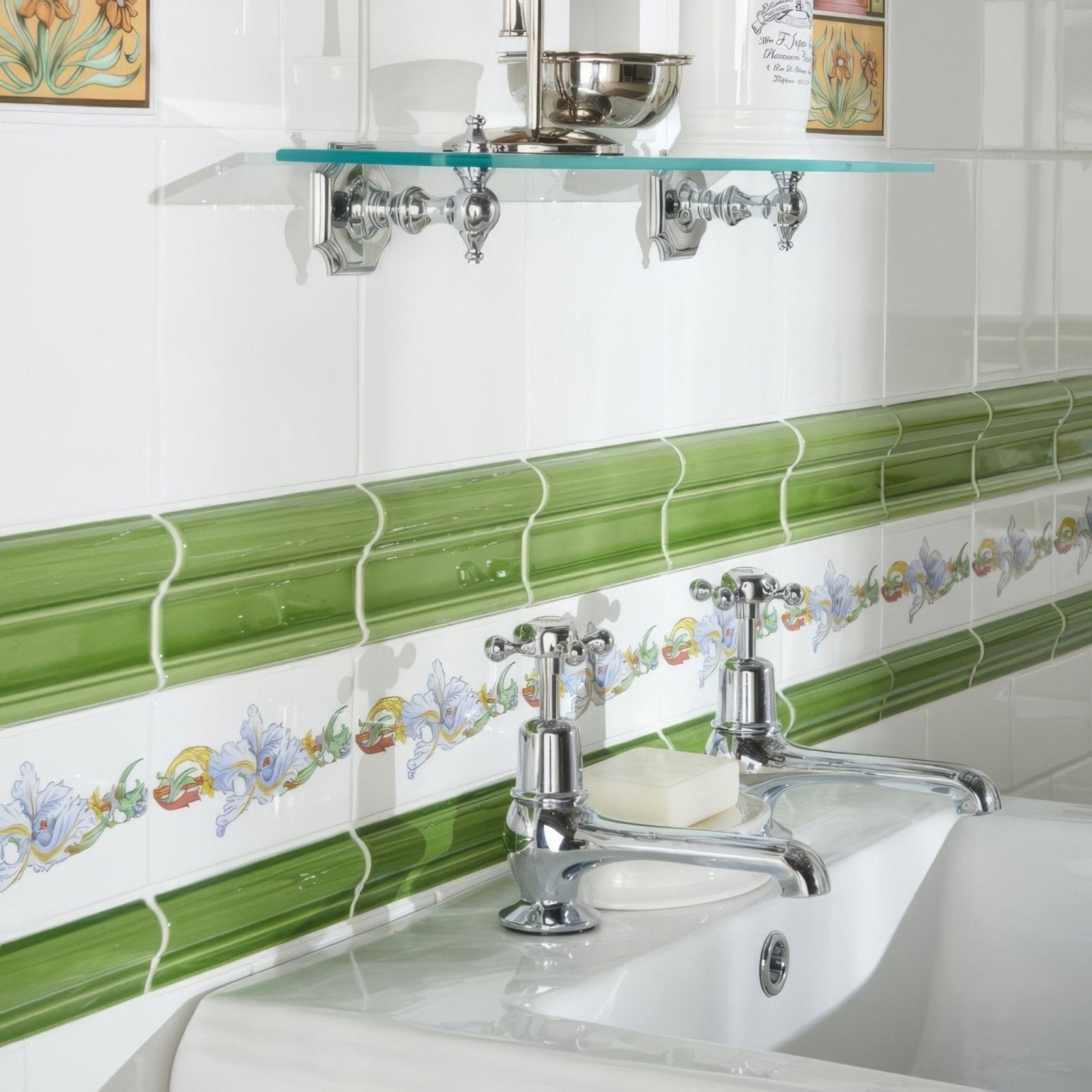 Chrome finished cross-handle kitchen faucets with polished metal spouts and handles mounted on white ceramic sink with brilliant white field tile