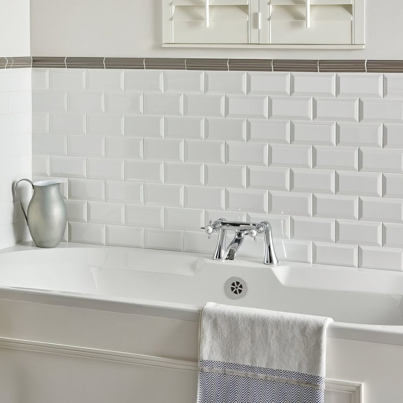 Brilliant white metro bevelled tile with a subtle textured finish for white subway tile backsplash use
