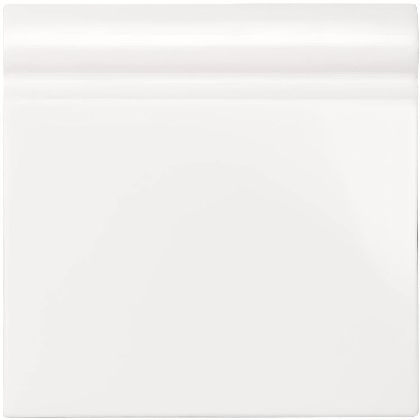 Brilliant white skirting tile packaged in a white glossy plastic resealable bag with a clear zipper seal