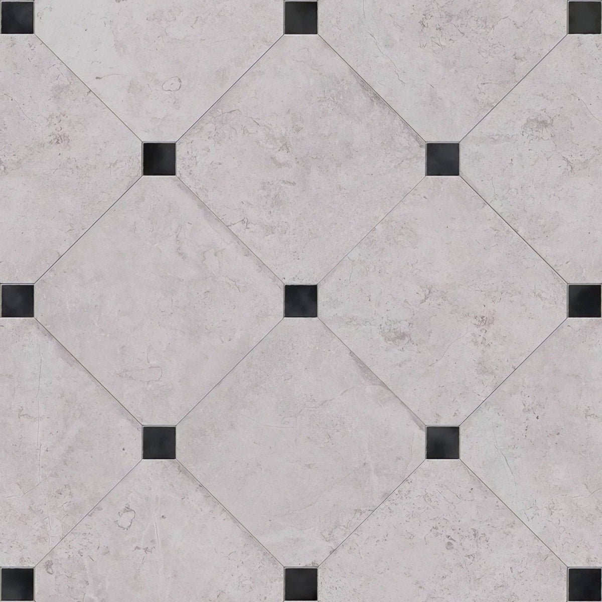 Brit stone minster porcelain 60 x 60cm light gray marble tiles with subtle veining and black square insets in diamond grid