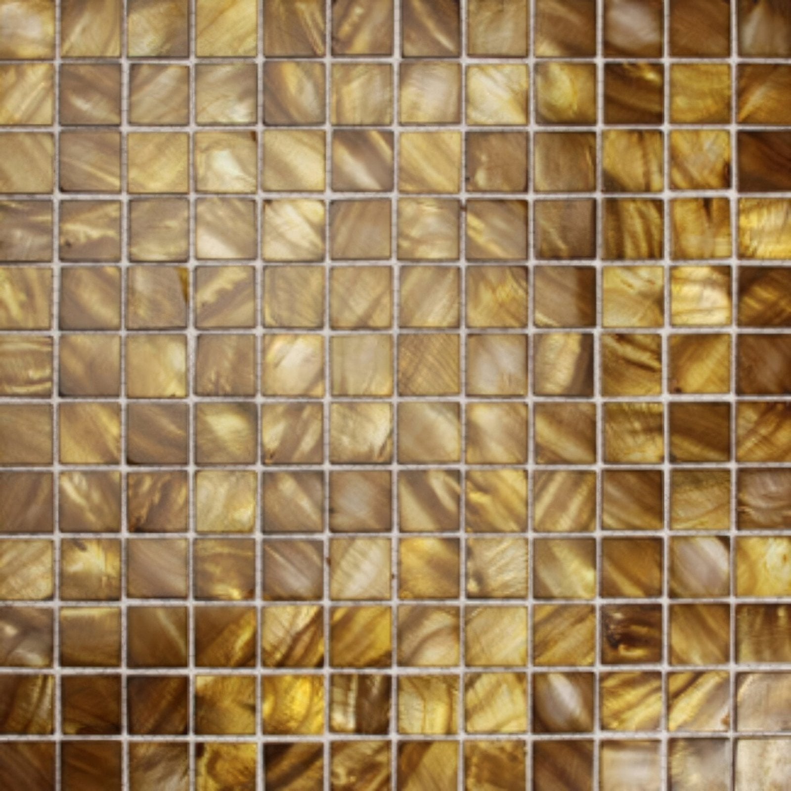 Bronze 25mm square golden iridescent mosaic tile with subtle sheen and swirling patterns for decorative use