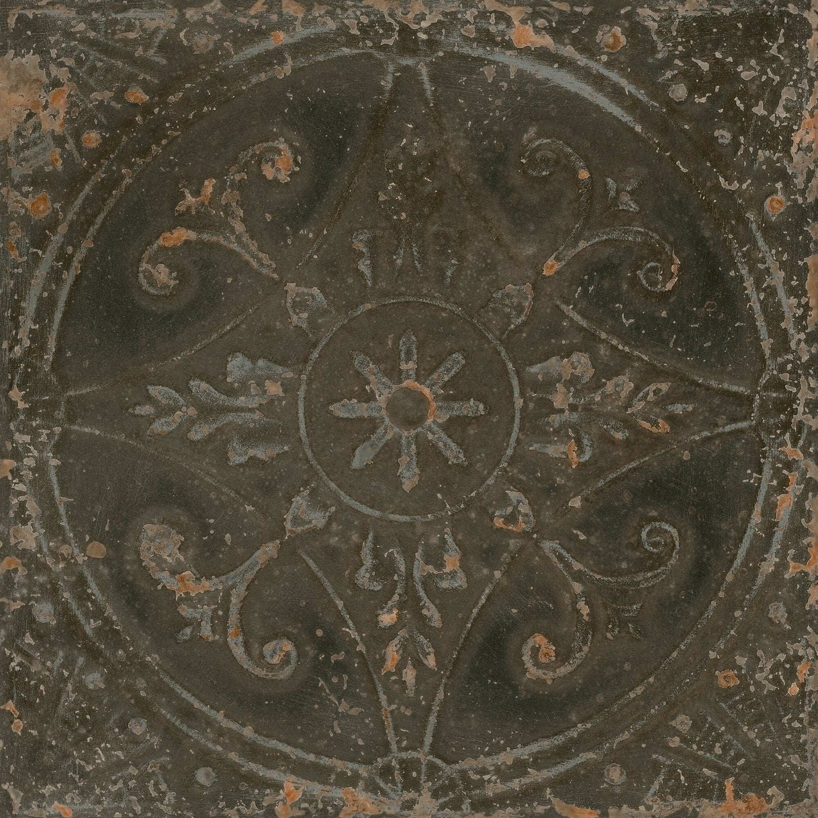 Antique dark green Brooklyn embossed ceramic pewter floor tile with intricate silver floral and scrollwork patterns