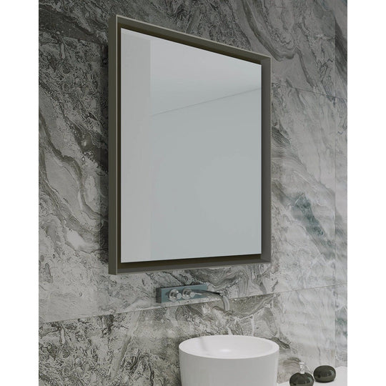 Modern rectangular brooklyn mirror with a sleek matte gray frame mounted above a white vessel sink