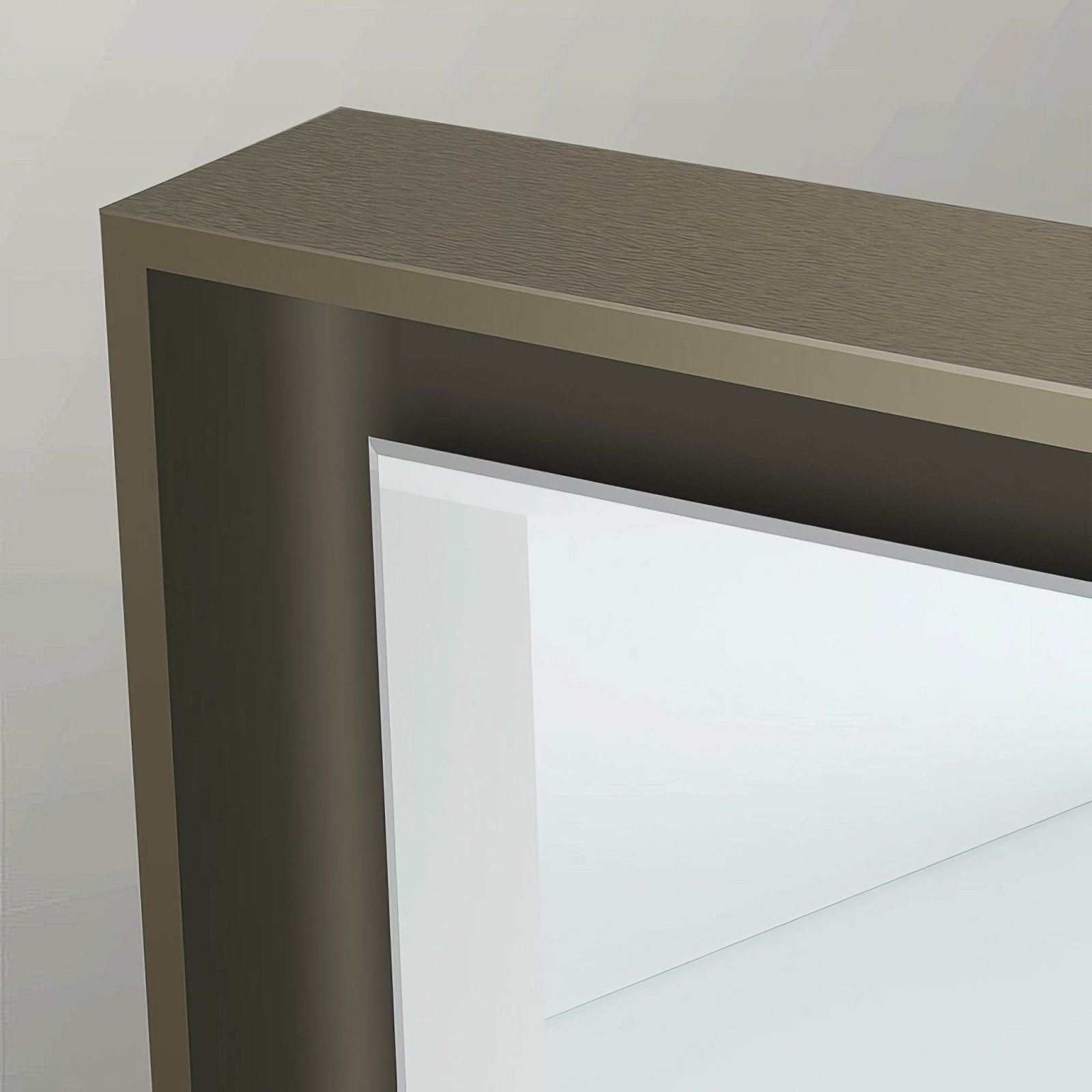 Brooklyn Mirror 75 console table with matte taupe wood grain top and dark gray metal frame in brushed bronze finish