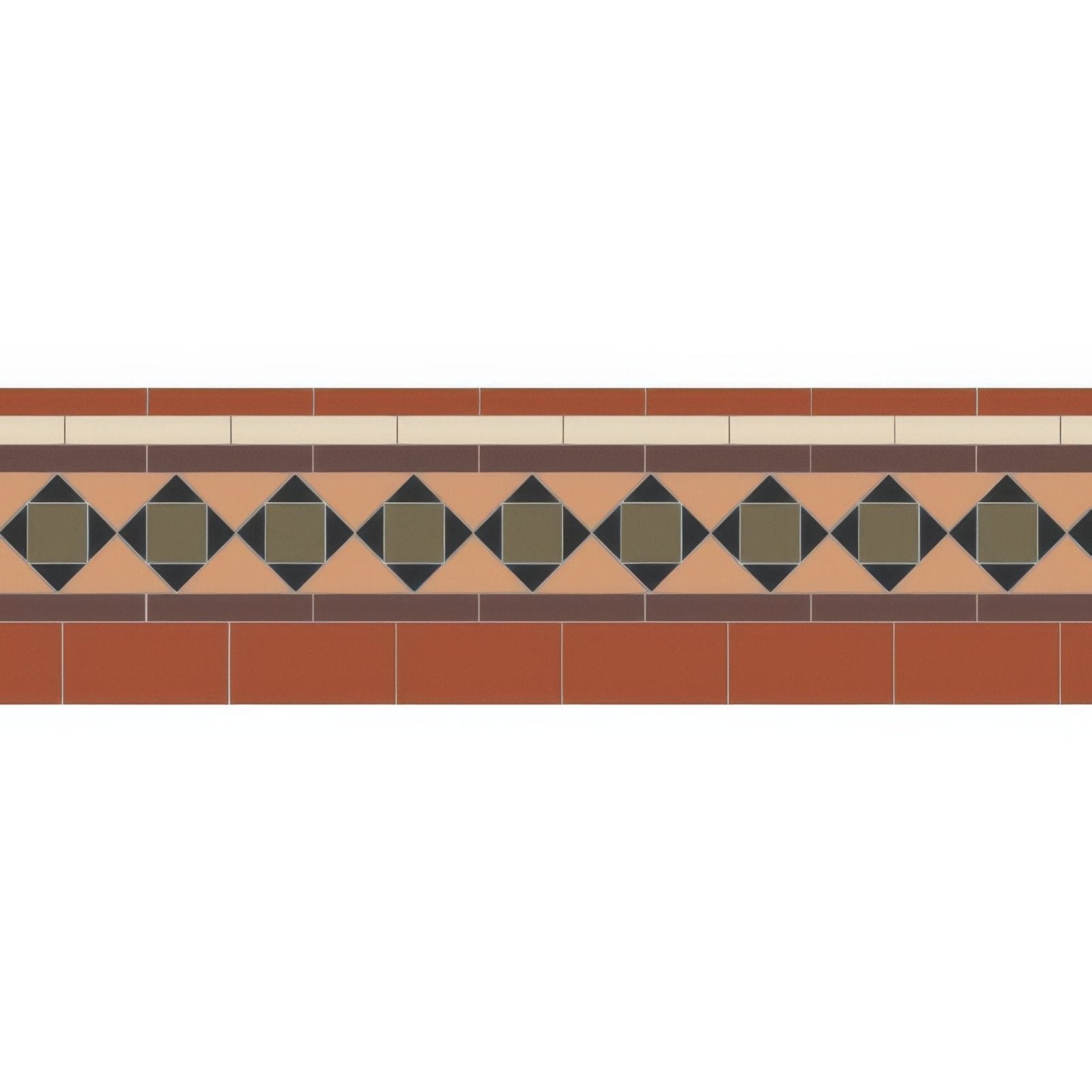 Terracotta and beige diamond pattern mosaic tile border with dark brown accents from browning black brown buff green red and white collection