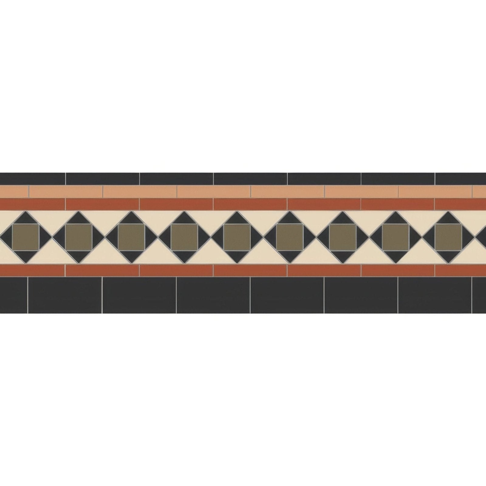 A decorative browning tile border with repeating diamond motifs in black buff green red and white framed by terracotta bands