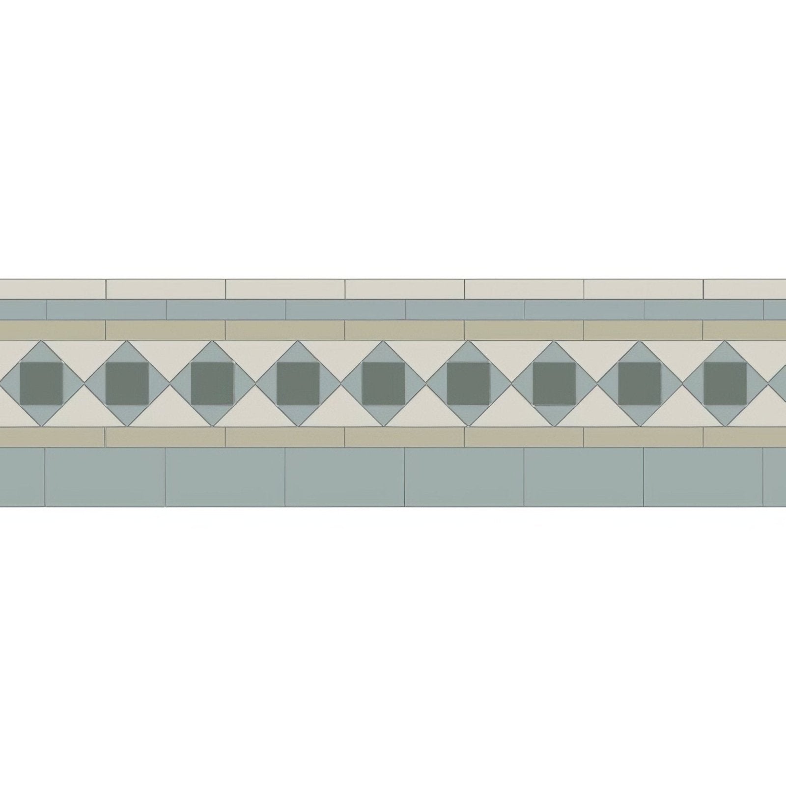A decorative browning chester mews mosaic tile border with diamond motifs in sage green cream and revival grey hues