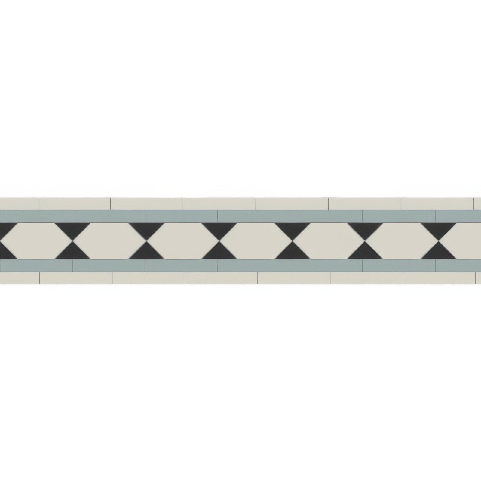 A classic black and cream diamond-patterned mosaic tile border with a light gray accent strip for decorative use