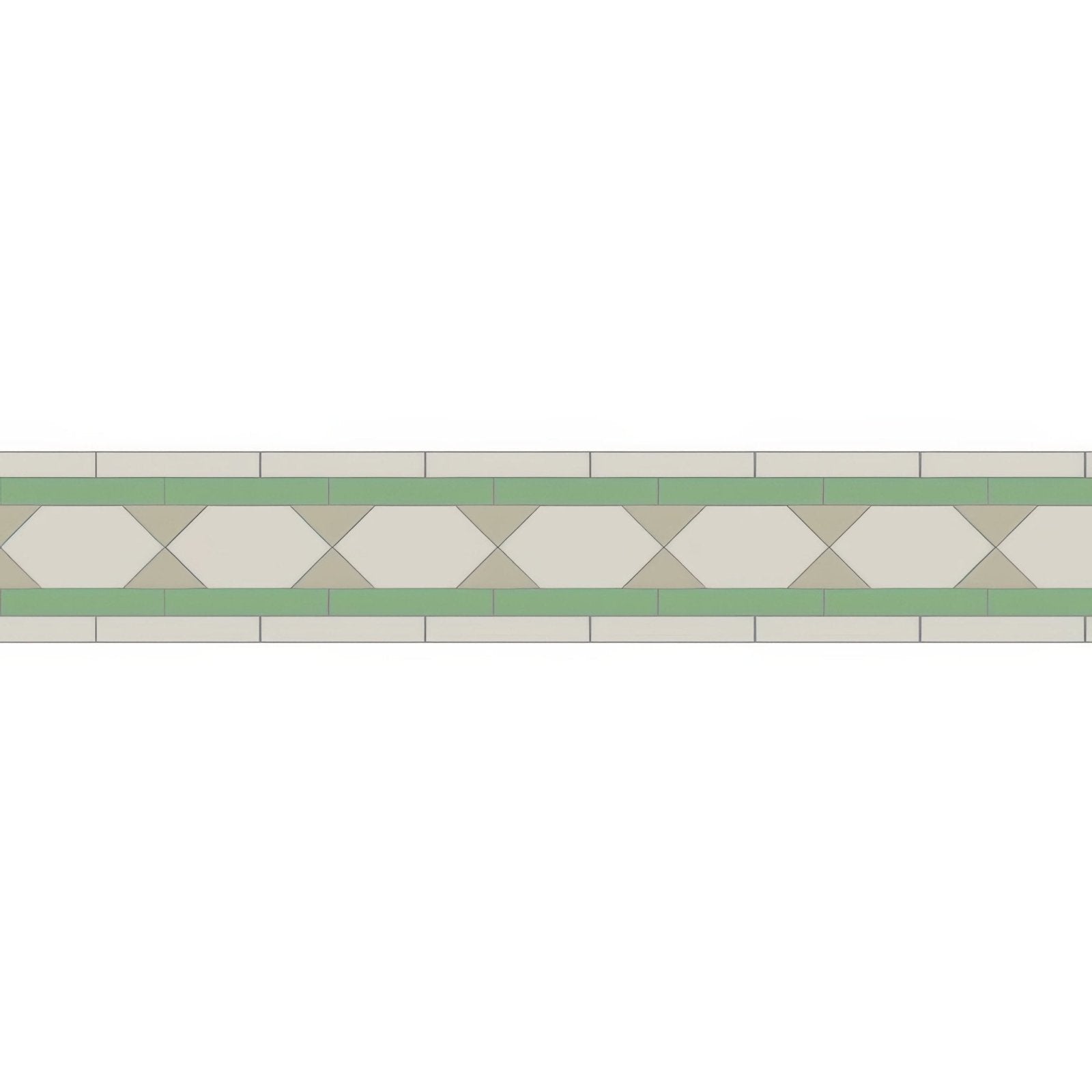 Brunel Chester Mews decorative mosaic tile border with repeating diamond pattern in dover white and spring green tones