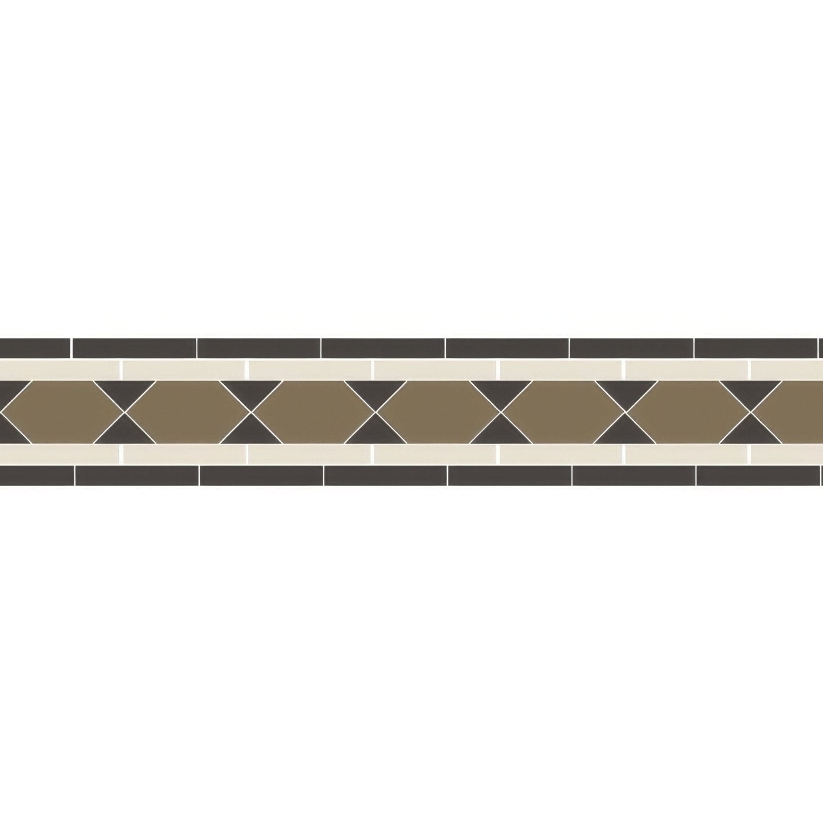 Brown and black geometric mosaic tile border with cream-colored grout from brunel green and black collection