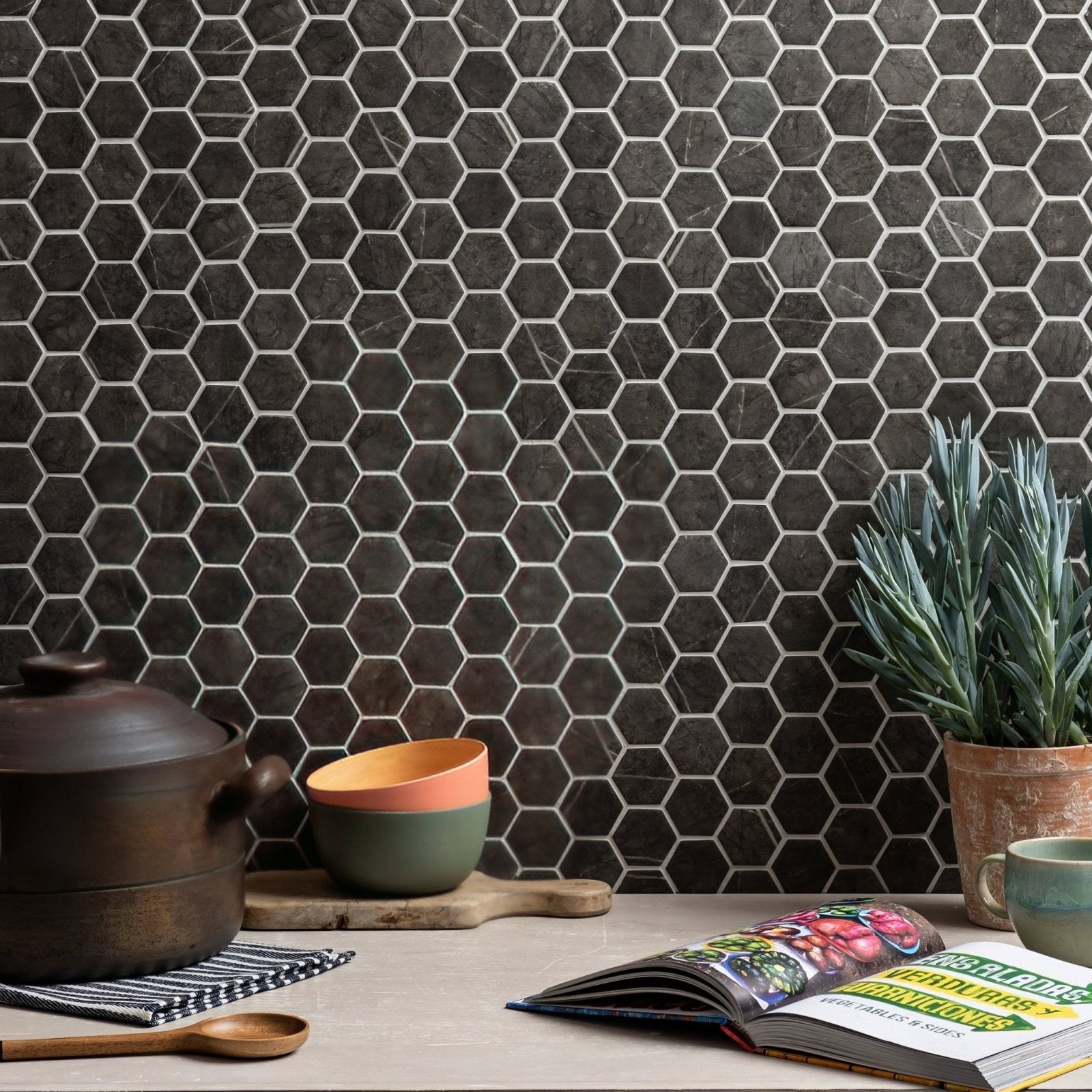 Dark gray burano grey hexagon recycled glass mosaic tile backsplash with white grout lines for kitchen walls