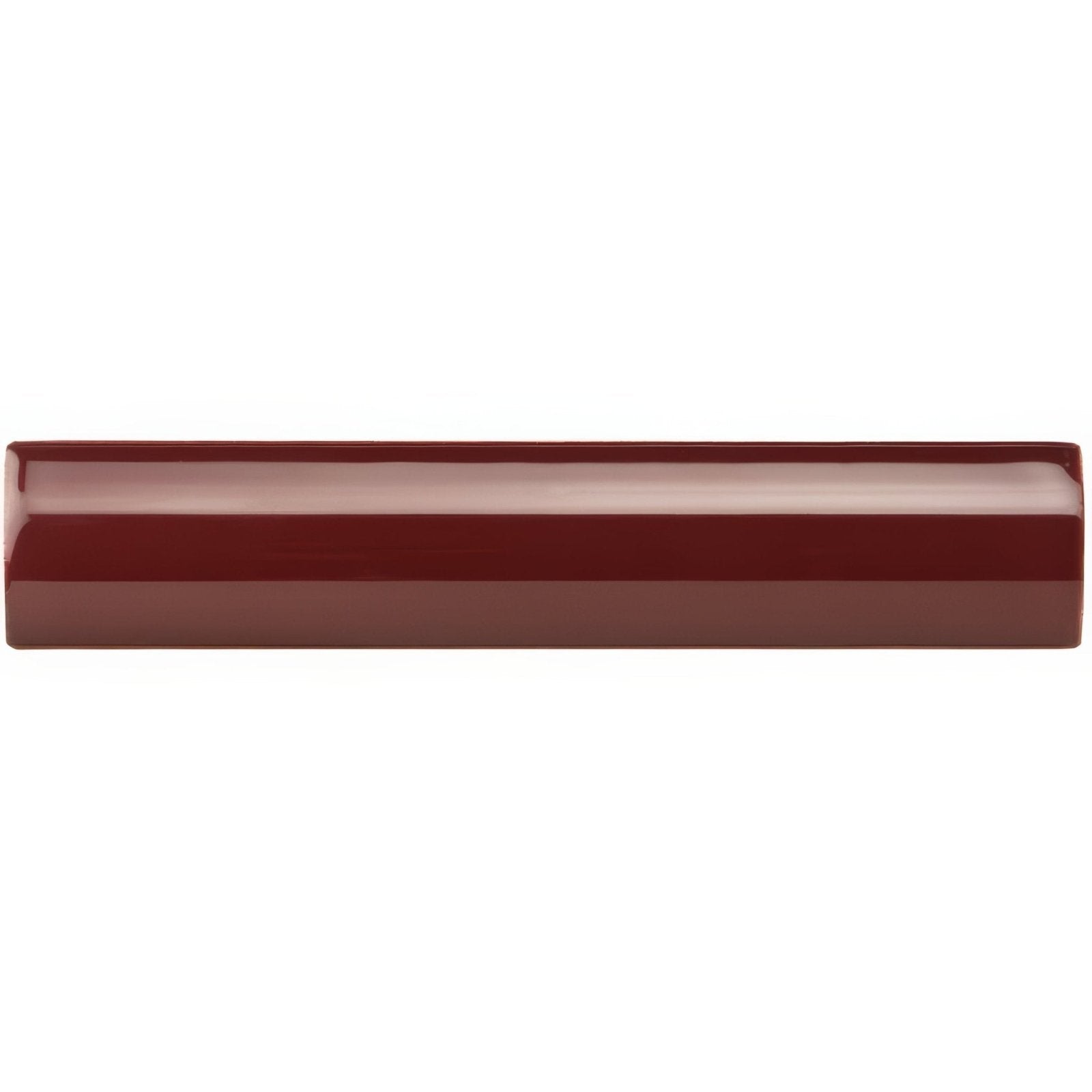 A sleek glossy burgundy rectangular external corner trim bar with a smooth polished surface and rounded edges