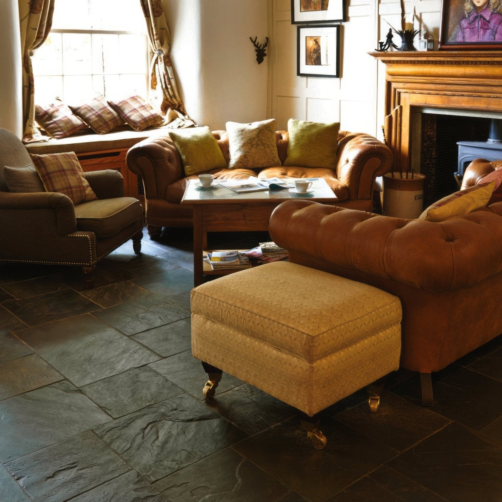 Brown leather chesterfield sofa with tufted upholstery and rolled arms in burnt sienna 600 x 400mm size