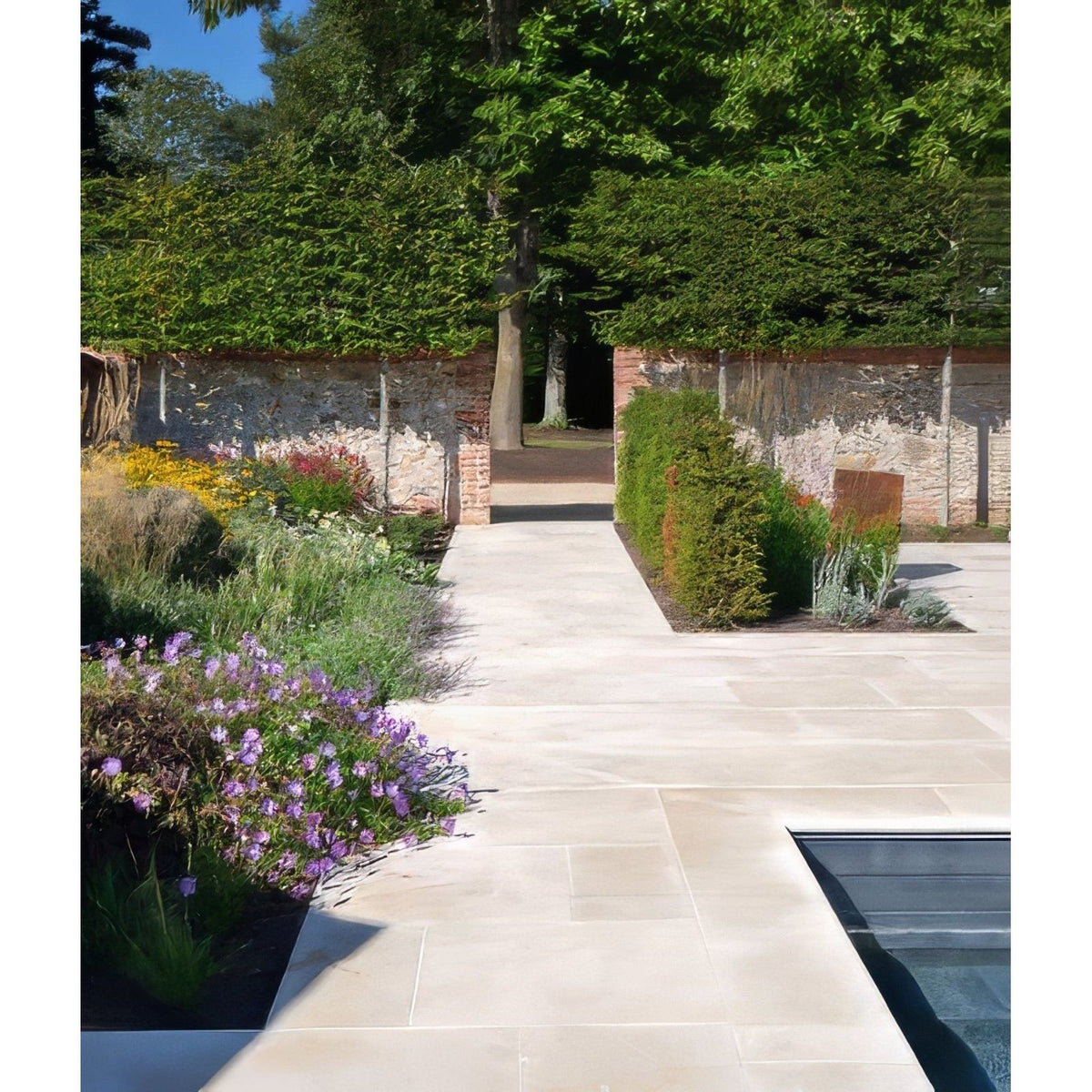 Beige buscot limestone paving with etched finish forming a garden pathway surrounded by greenery and purple flowers