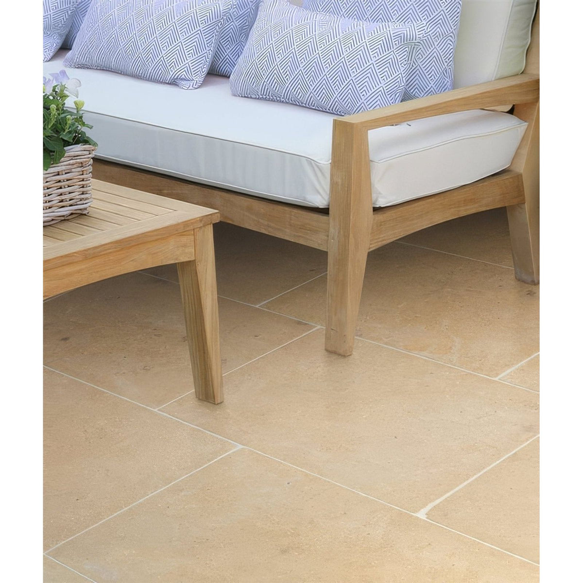 Buscot limestone paving tumbled and etched finish light beige rectangular tiles with natural variations and grout lines
