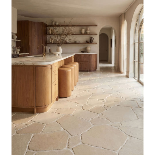 Buscot Limestone Tumbled Pietra Pazza, tumbled limestone tiles in a random Pietra Pazza layout